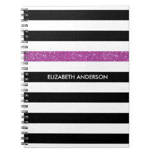 Carnet Moderne Black Stripes FAUX Purple Glitz et nom