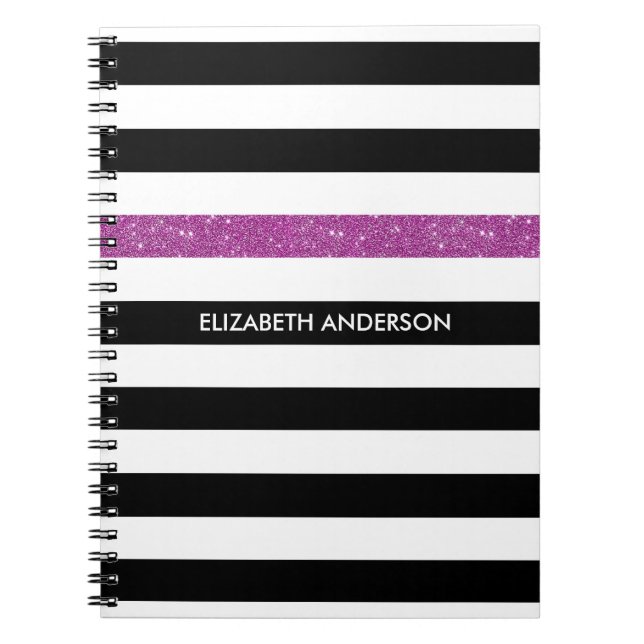 Carnet Moderne Black Stripes FAUX Purple Glitz et nom (Devant)