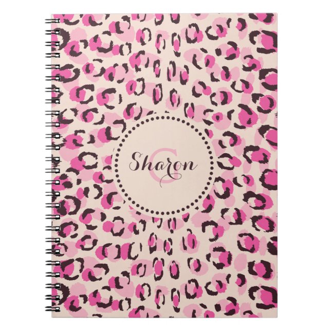 Carnet Moderne chic imprimé motif guépard rose monogramme (Devant)