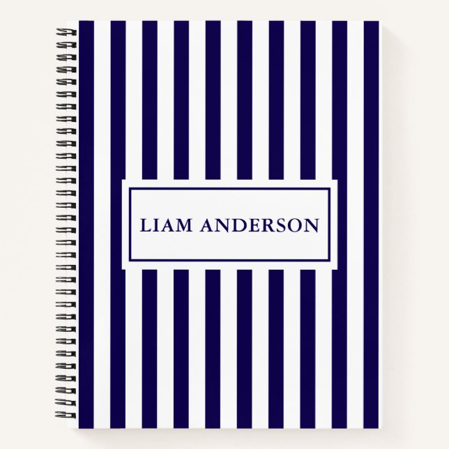 Carnet Moderne Chic Marine Bleu & Blanc Rayures Verticale (Devant)