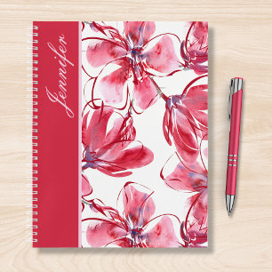 Carnet Moderne Chic Rouge Tropical Floral Nom personnalis