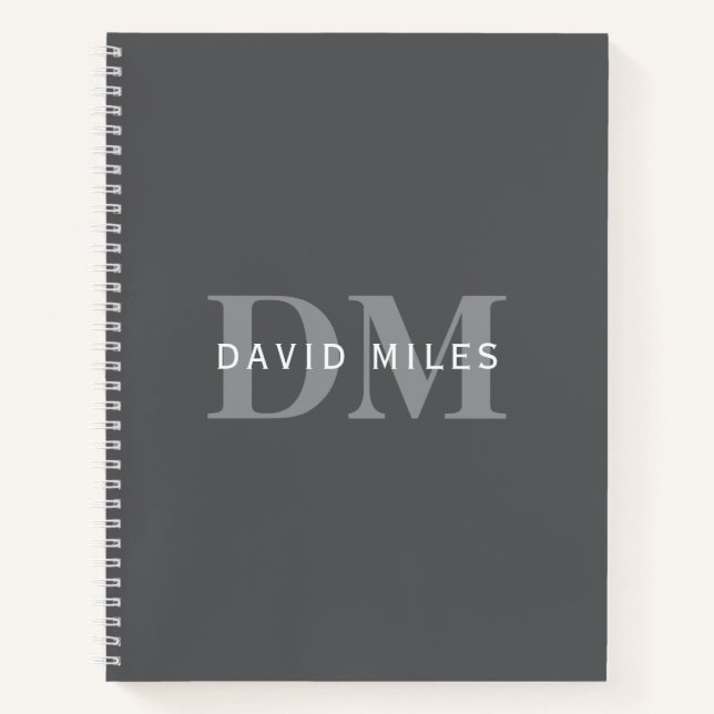 Carnet Moderne Élégant Gris Foncé Monogramme & Nom (Devant)