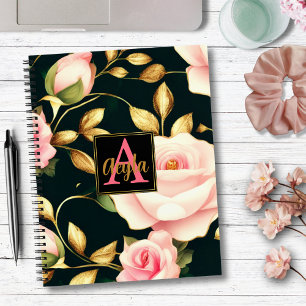 Carnet Moderne Elégant rose Roses Feuilles or Monogramme