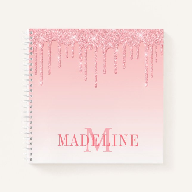 Carnet Moderne et élégant rose poudré pailleté monogramme (Devant)