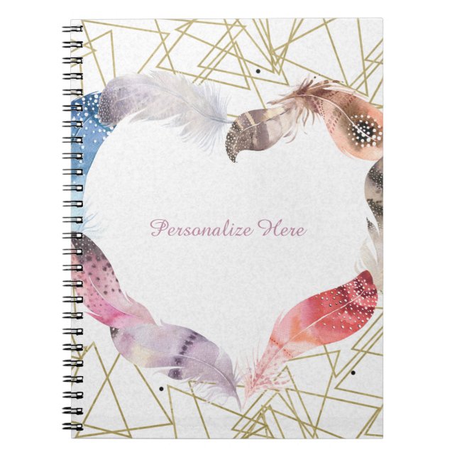Carnet Moderne Glamour Cœur Plume Bohème Chic (Devant)