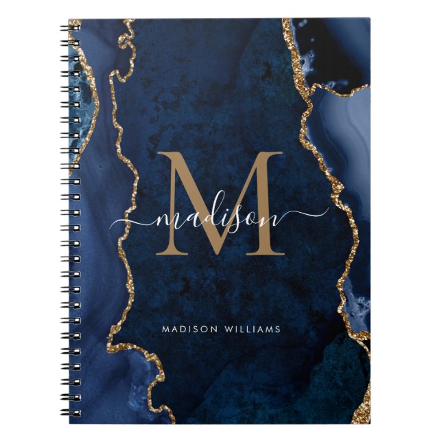 Carnet Moderne Marine Blue Gold Agate Géode Monogramme Sc (Devant)