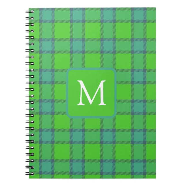 Carnet Moderne monogramme à carreaux écossais vert et ble (Devant)