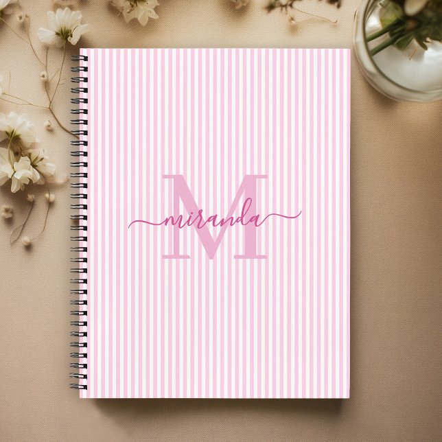 Carnet Moderne monogramme avec rayures roses et blanches (Créateur téléchargé)