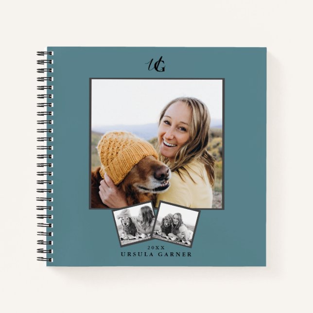 Carnet Moderne  Monogrammé  Bleu Turquoise 3-Photo   (Devant)