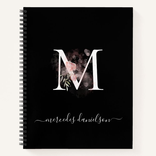 Carnet Moderne Monogramme Floral Blanc Noir Rose Pâle (Devant)