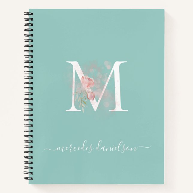 Carnet Moderne Monogramme Floral Vert Menthe Rose (Devant)