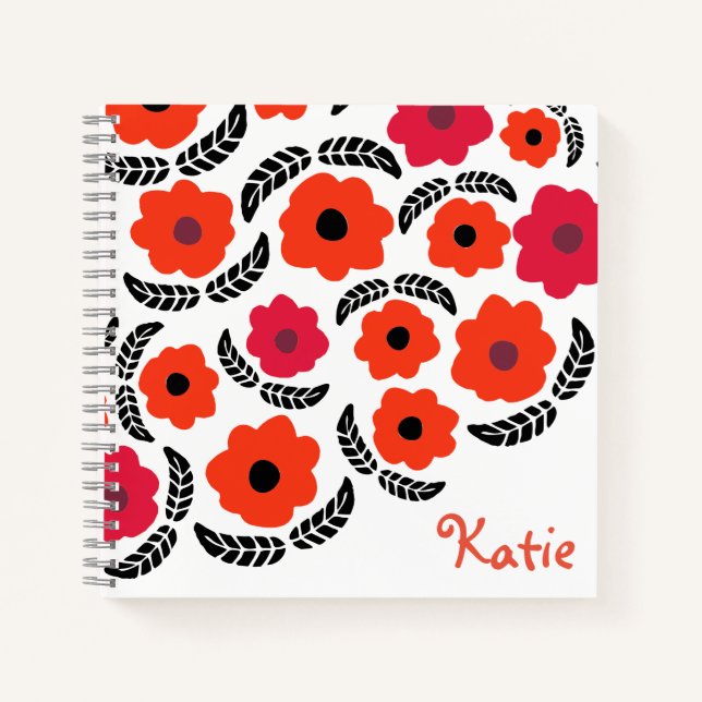 Carnet Moderne Orange et Flore Rouge Personnalisé (Devant)