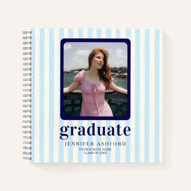 Carnet Moderne Pastel Blue Stripes Photo Graduation Invit (Devant)