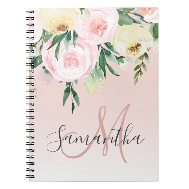 Carnet Moderne Pastel Rose & Fleurs Avec Nom (Devant)