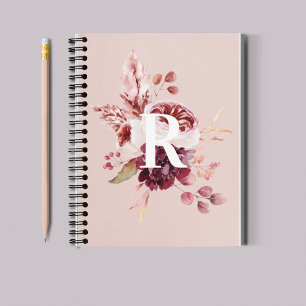 Carnet Moderne Pastel Rose & Flore Rouge Avec Initiale
