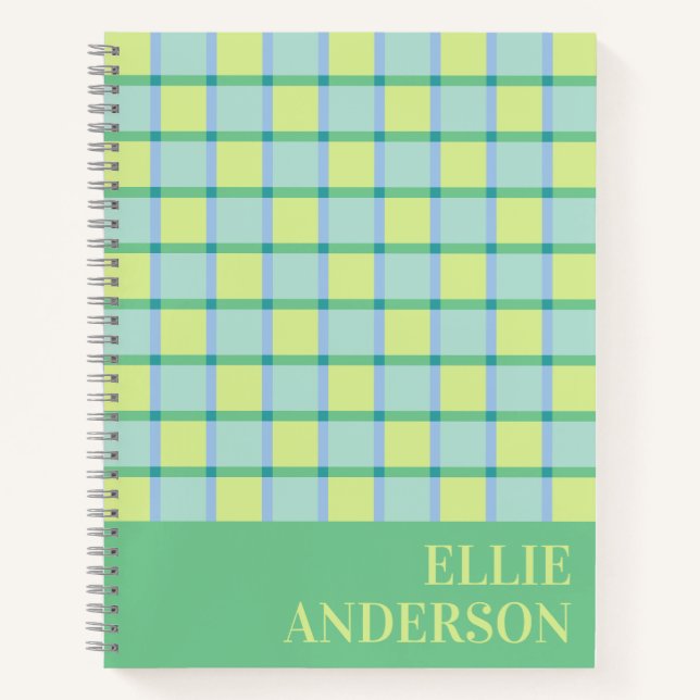 Carnet Moderne personnalisé bleu vert lime à carreaux (Devant)