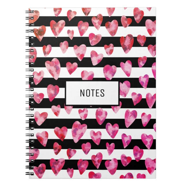 Carnet Moderne rose noir rayé coeur d'amour personnalisé (Devant)