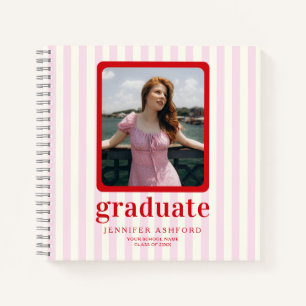 Carnet Moderne Rouge & Rose Stripes Photo Graduation Invi