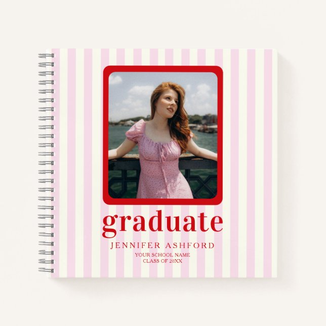 Carnet Moderne Rouge & Rose Stripes Photo Graduation Invi (Devant)