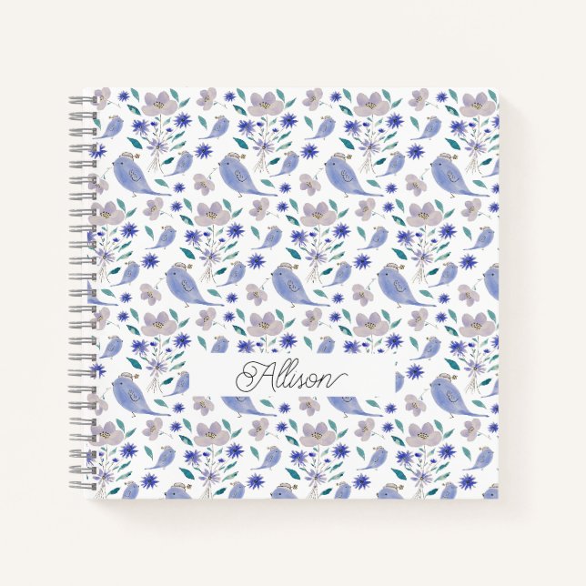 Carnet Moineau Mignon Et Chapeau à Fleur Bleue (Devant)