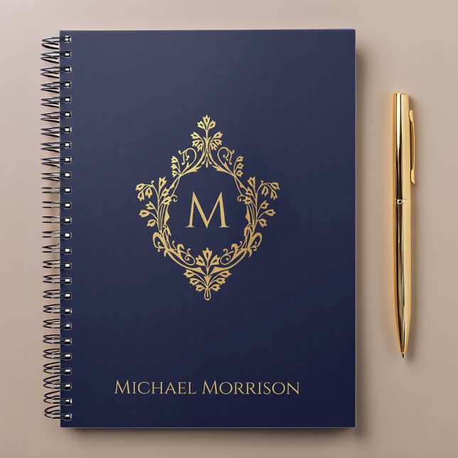 Carnet Monogram Crest Marine Blue Faux Gold Nom élégant (Créateur téléchargé)
