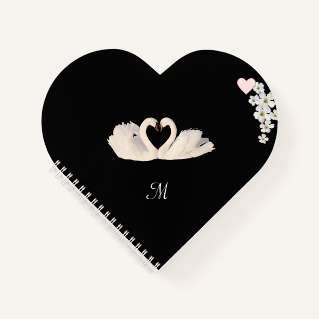 Carnet Monogram Fleurs blanches et cygnes sur fond noir (Devant)