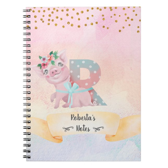 Carnet Monogram Letter R Cute Pig Girl Daily Study (Devant)
