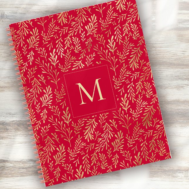 Carnet Monogram Luxury Red Gold Leaf Pattern Festive (Créateur téléchargé)