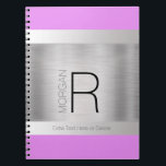 Carnet Monogram & Name, Brushed Silver, Red Violet<br><div class="desc">Personalize with Monogram and Name in black and grey on brushed silver faux metal for a contemporary look on red violet background. Makes a great gift.</div>