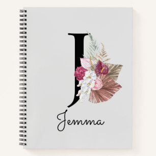 Carnet Monogram Pink Boho Girly Floral Initial J