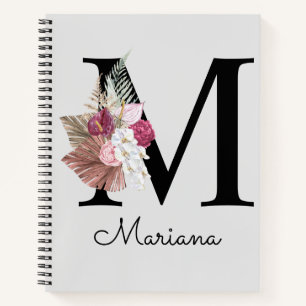 Carnet Monogram Pink Boho Girly Floral Initial M