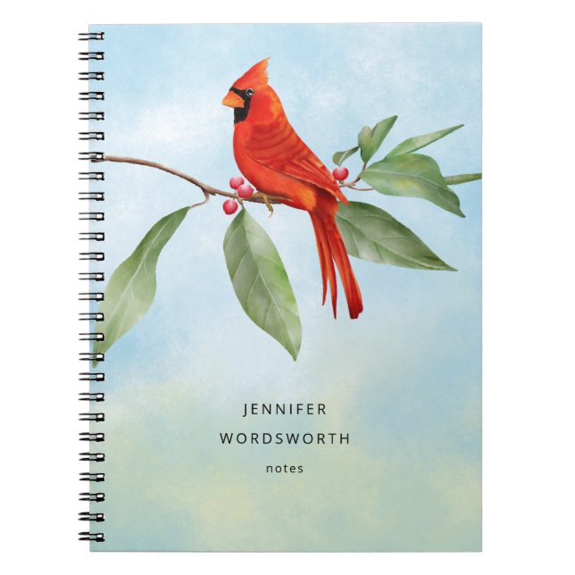 Carnet Monogram Watercolor Blue Green Red Cardinal Bird (Devant)