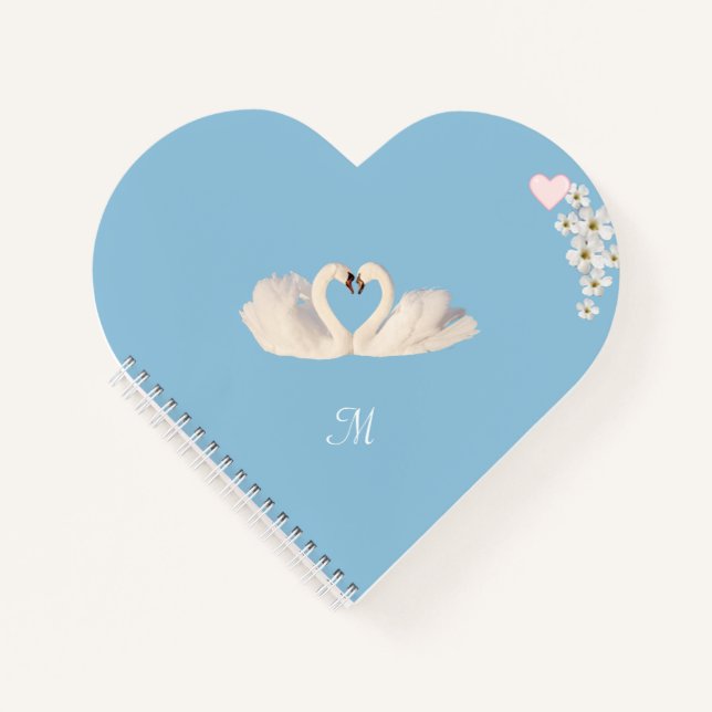 Carnet Monogram White Flowers and Swans on Light Blue (Devant)