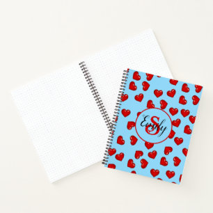 Carnet monogramlish motif de coeur rouge sur bleu aqua