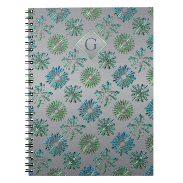 Carnet Monogramme à motif bleu vert orné élégant (Devant)