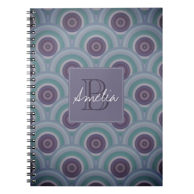 Carnet Monogramme à motif de cercles rétro violet et vert (Devant)