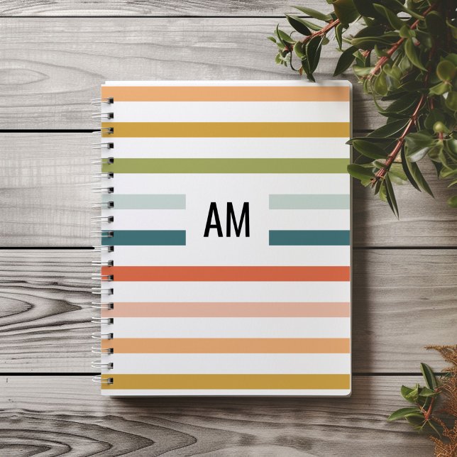 Carnet Monogramme à rayures colorées (Colorful rainbow stripes monogram initials notebook.)
