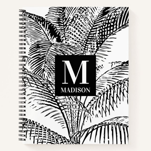 Carnet Monogramme Abstrait Feuille noir et blanc Palm Tre (Devant)