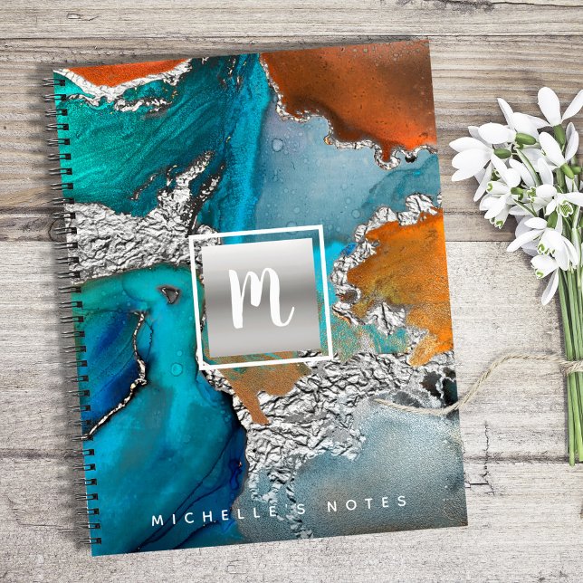 Carnet Monogramme agate aquarelle argent turquoise orange (Créateur téléchargé)