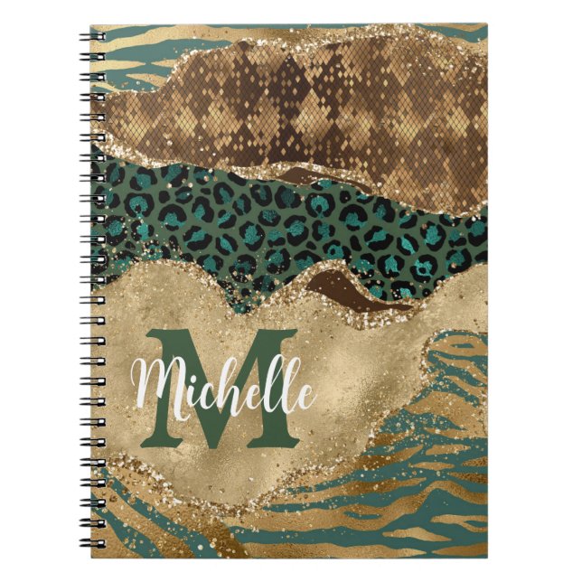 Carnet Monogramme Agate Pailleté Safari Vert et Or (Devant)