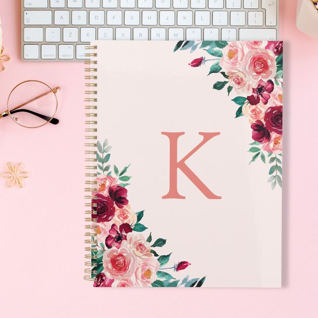 Carnet Monogramme Aquarelle Boho Rose Rose Bourguignonne  (In situ)
