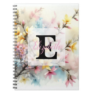 Carnet Monogramme aquarelle fleurs roses jaunes de printe