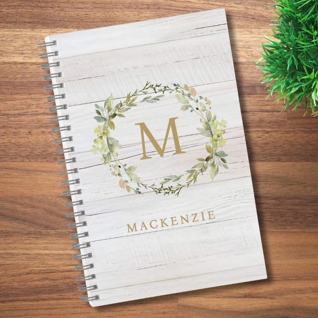 Carnet Monogramme aquarelle florale en bois rustique (Créateur téléchargé)