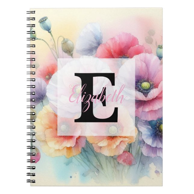 Carnet Monogramme aquarelle florale fleurs de pavot roses (Devant)