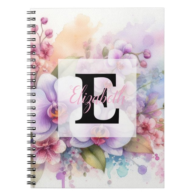 Carnet Monogramme aquarelle florale fleurs d'orchidée ros (Devant)