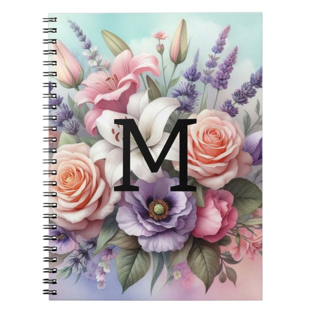 Carnet Monogramme aquarelle florale fleurs roses violette (Devant)