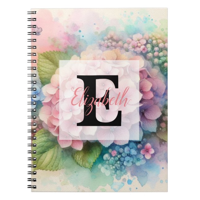 Carnet Monogramme aquarelle florale hydrangea rose  (Devant)