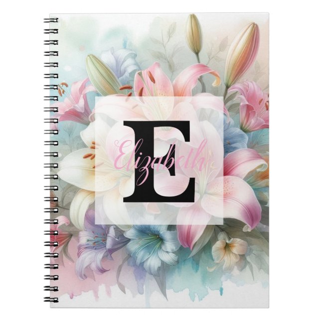 Carnet Monogramme aquarelle florale lis roses fleurs  (Devant)