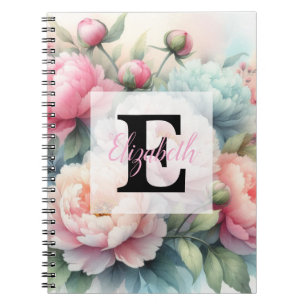 Carnet Monogramme aquarelle florale pivoines roses bleues