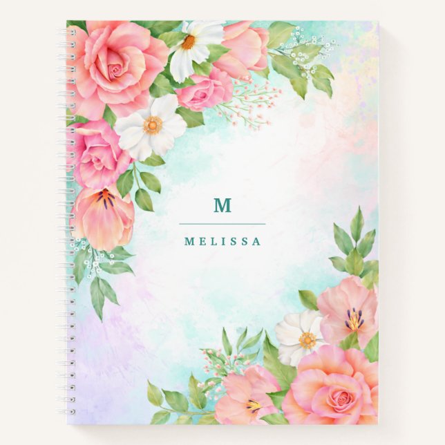 Carnet Monogramme Aquarelle Florale Verdure Rose rose (Devant)